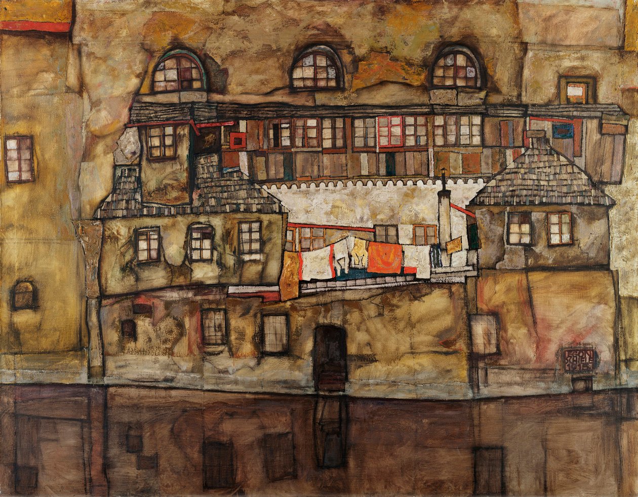 Muro de casas no rio - Pintura de Egon Schiele (1890-1918), óleo sobre tela de Egon Schiele