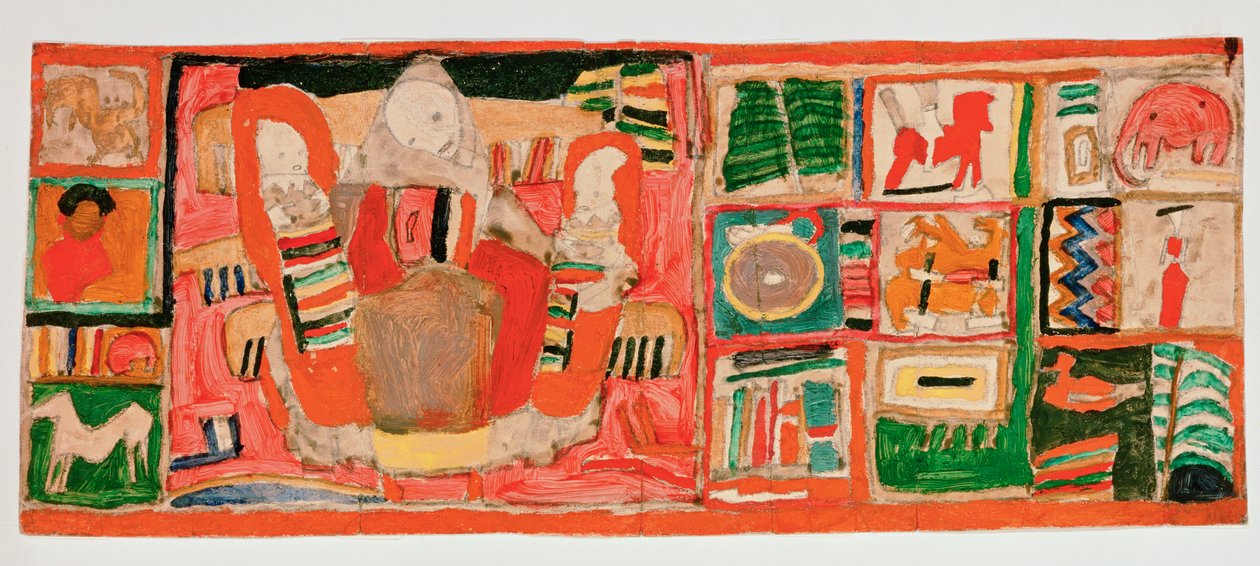 Mãe com filhos, no campo ao lado brinquedos ... (guache e lápis sobre cartão) de Egon Schiele