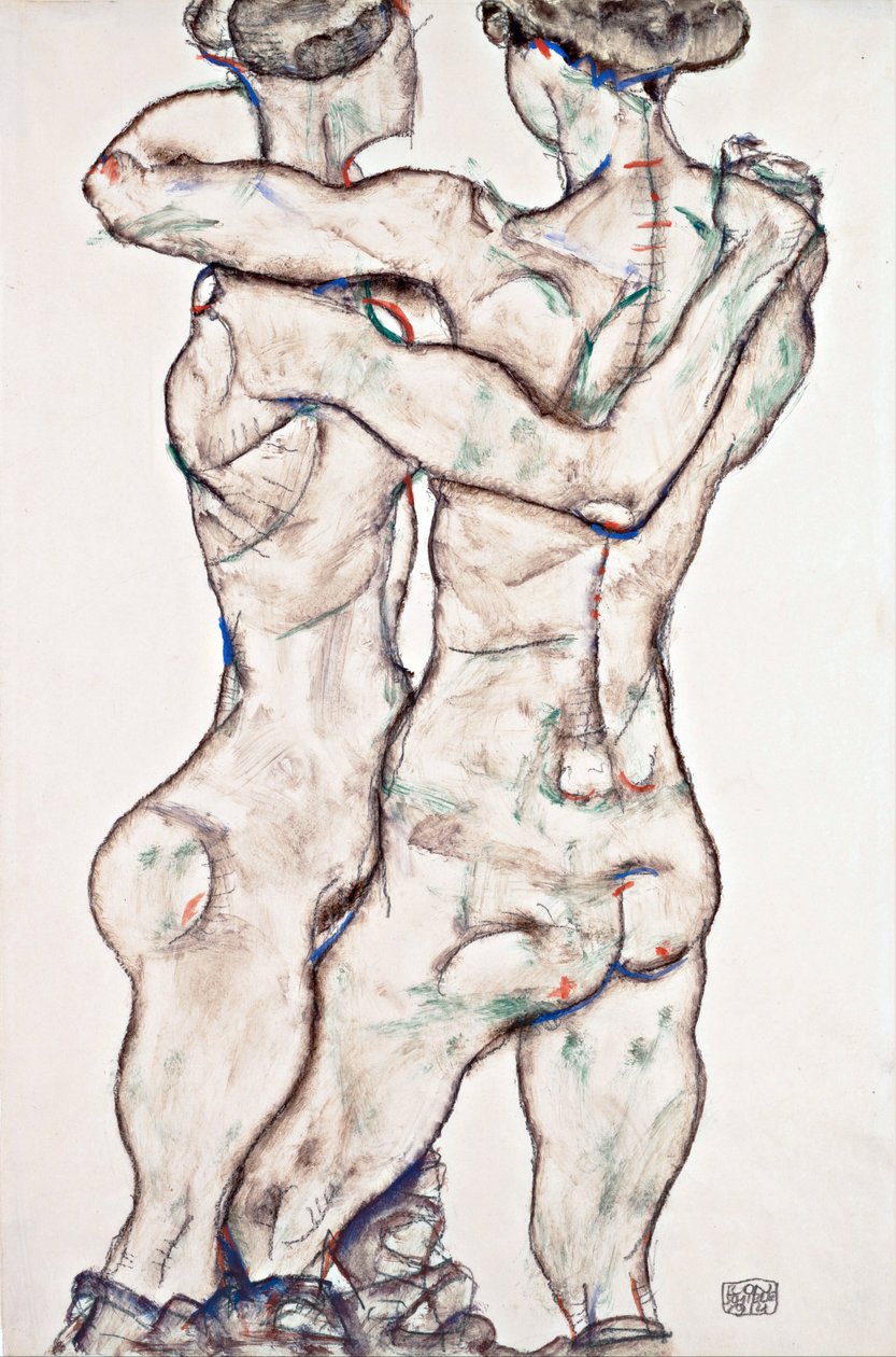 Meninas Nuas Abraçando - Schiele, Egon (1890-1918) - 1914 - Giz preto, Gouache sobre papel - 48x31,2 - Museu Leopold, Viena de Egon Schiele
