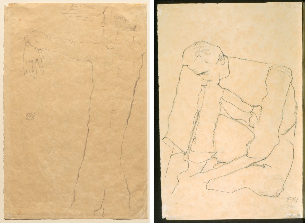 Homem Nu com Braços Erguidos (reto) Homem Sentado (verso) de Egon Schiele