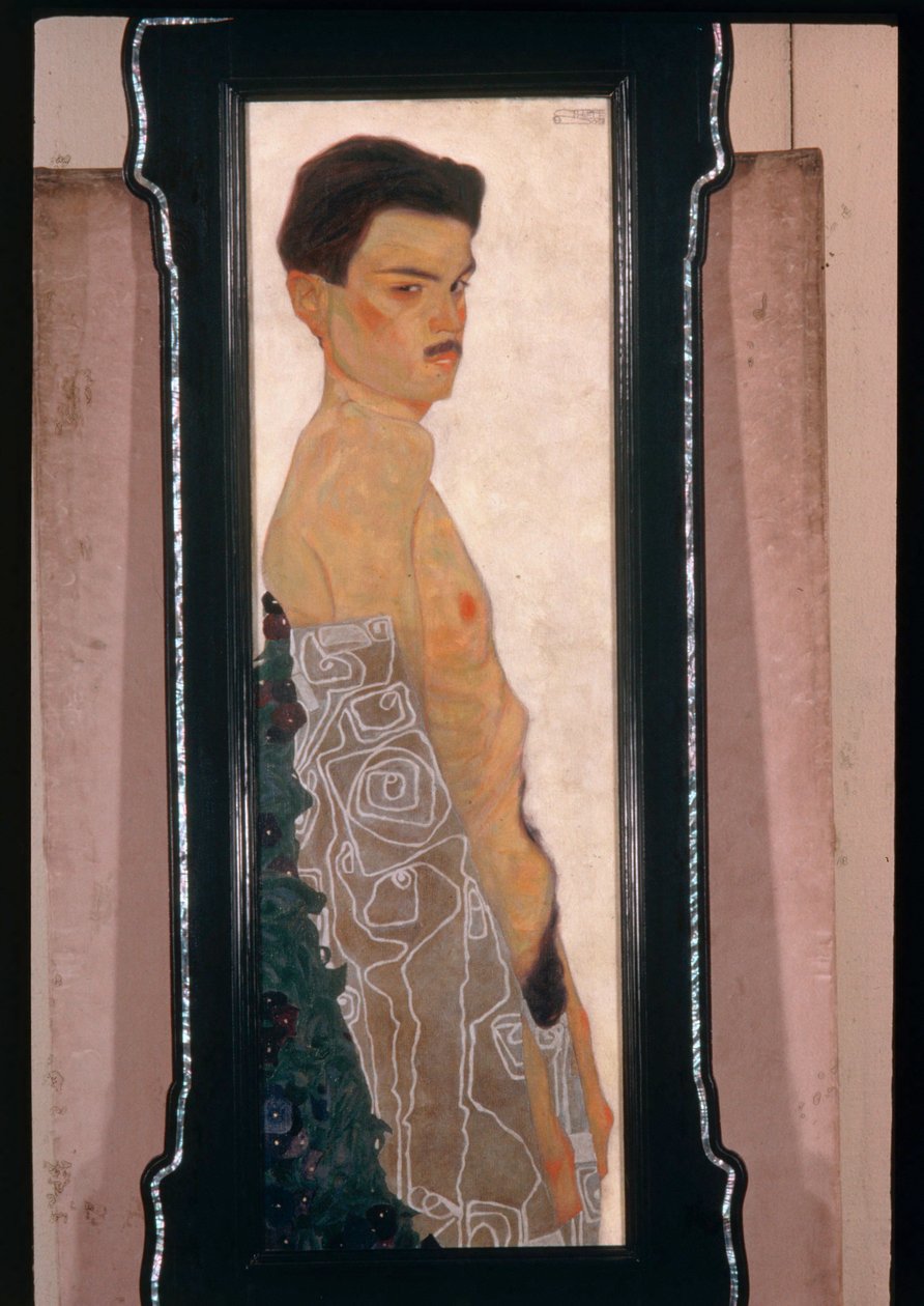 Autorretrato nu com cortinados ornamentais ... (óleo e tinta metálica) de Egon Schiele