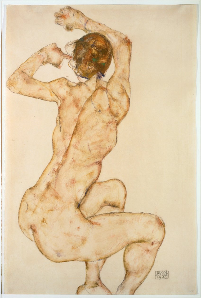 Nu com os braços levantados ... (guache e lápis) de Egon Schiele