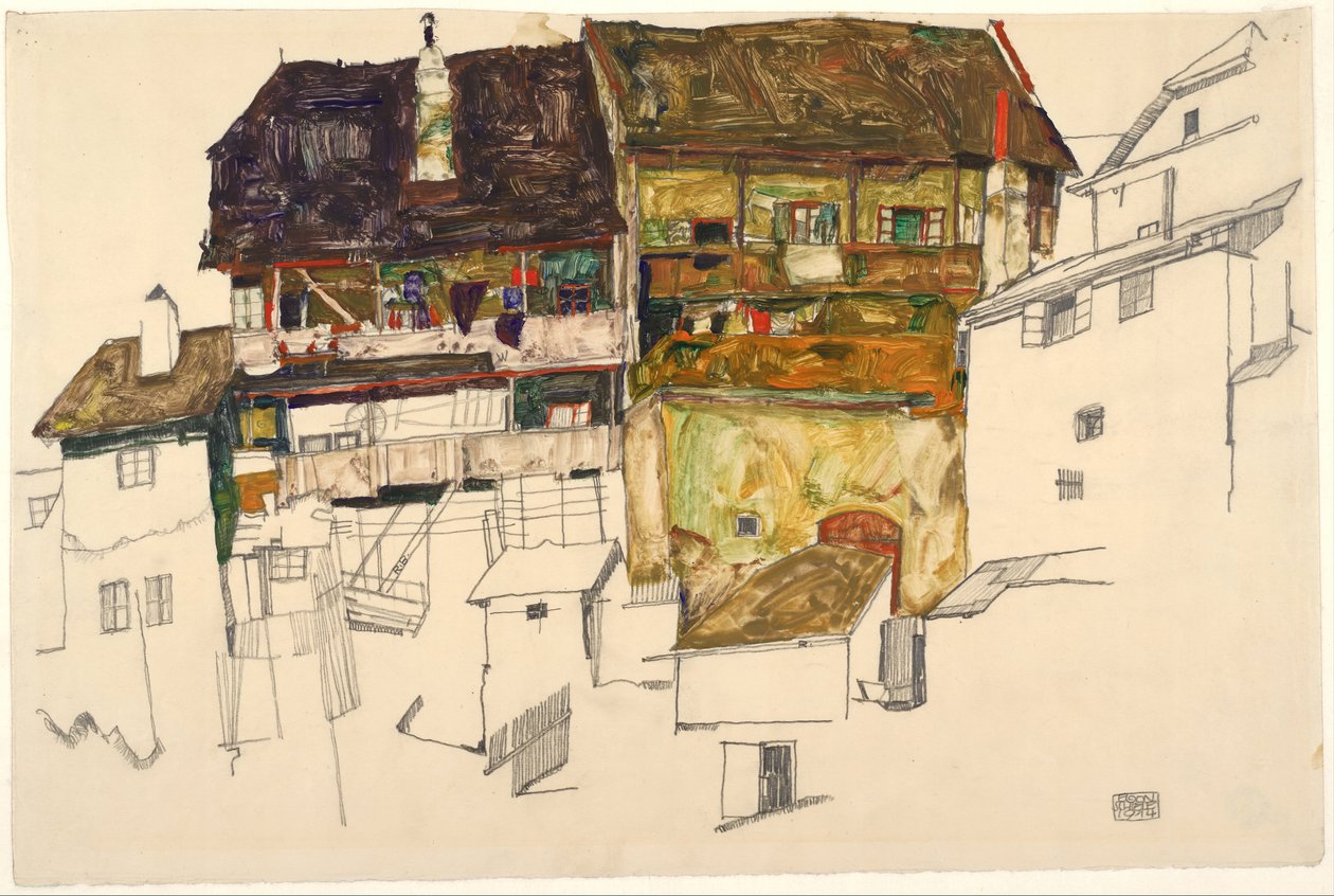 Casas antigas em Krumau, 1914 de Egon Schiele