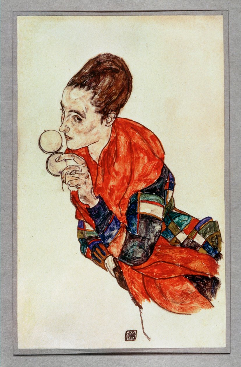 Retrato da atriz Marga Boerner com caixa de pó ... (guache e lápis de cor preto) de Egon Schiele