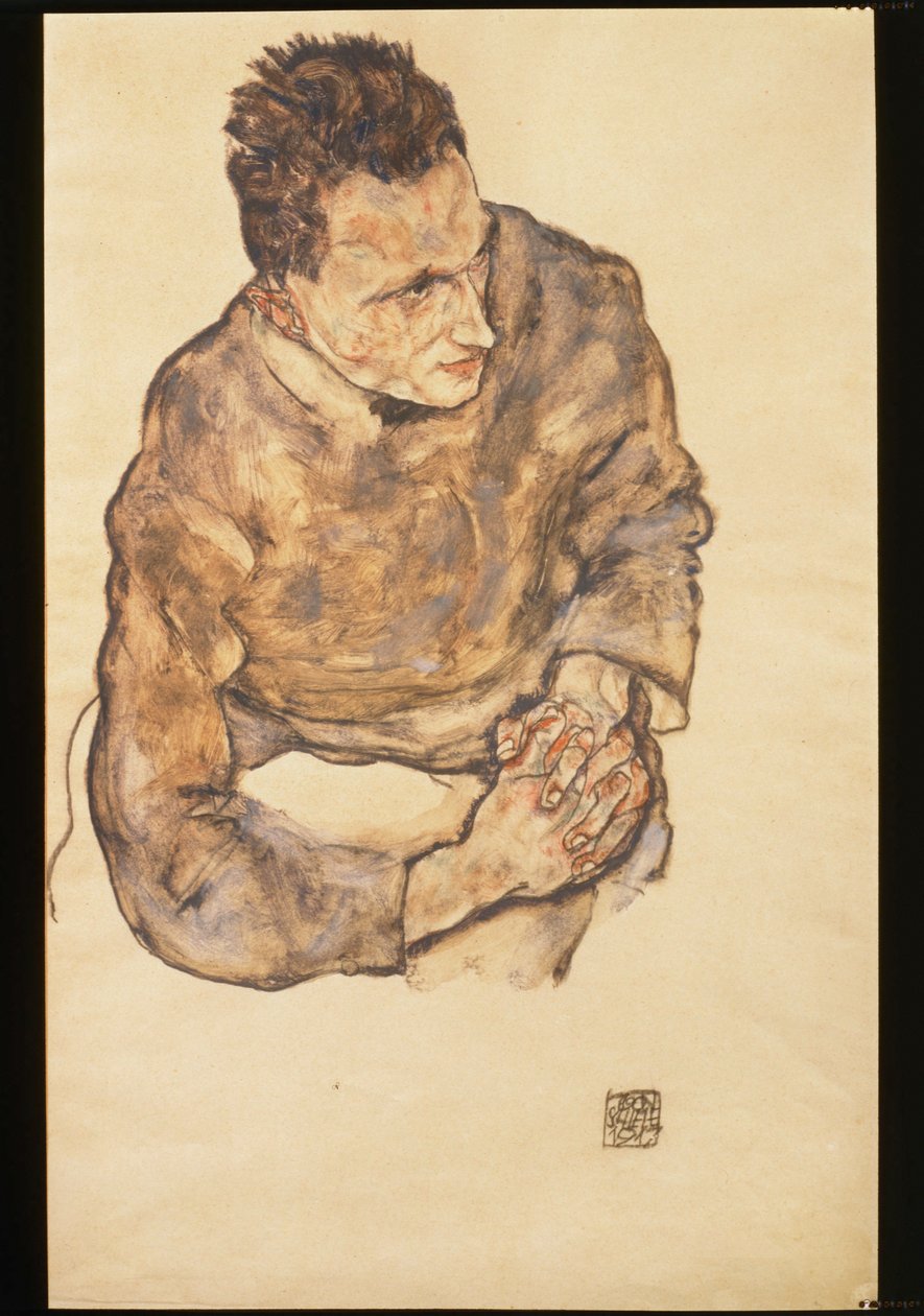 Retrato de Karl Grünwald com as mãos fechadas ... (aguarela e lápis de cor preto) de Egon Schiele