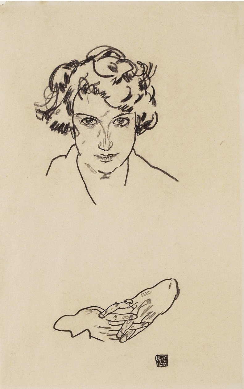 Retrato de uma menina, 1917 (lápis preto em papel de wove) de Egon Schiele