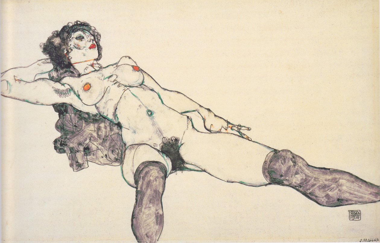 Reclinado nu feminino com pernas abertas, 1914 de Egon Schiele