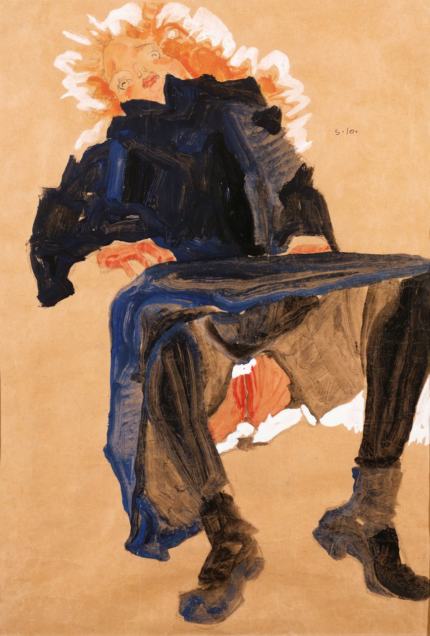 Menina reclinada em um vestido azul, 1910 de Egon Schiele