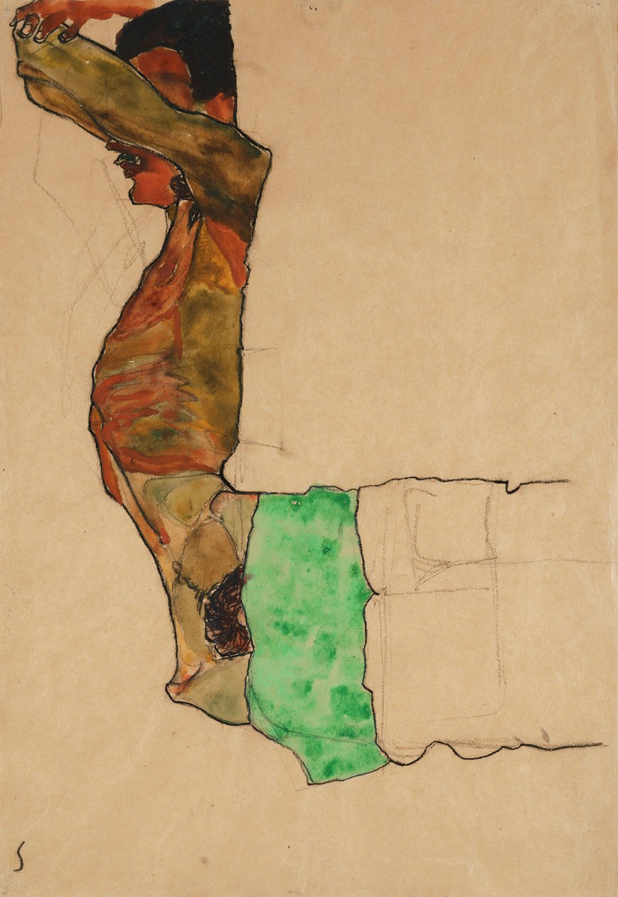 Nu masculino reclinado com pano verde de Egon Schiele