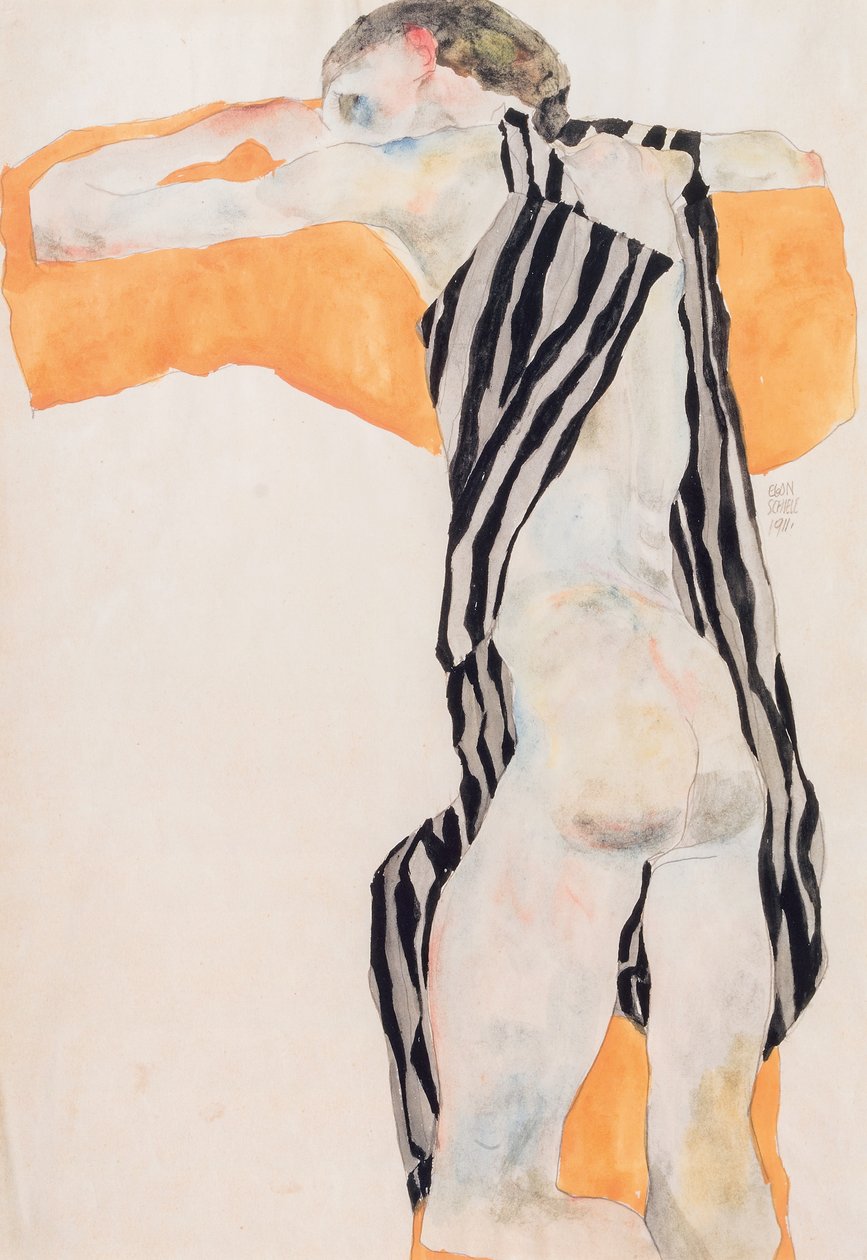 Menina nua reclinada em avental listrado, 1911. de Egon Schiele