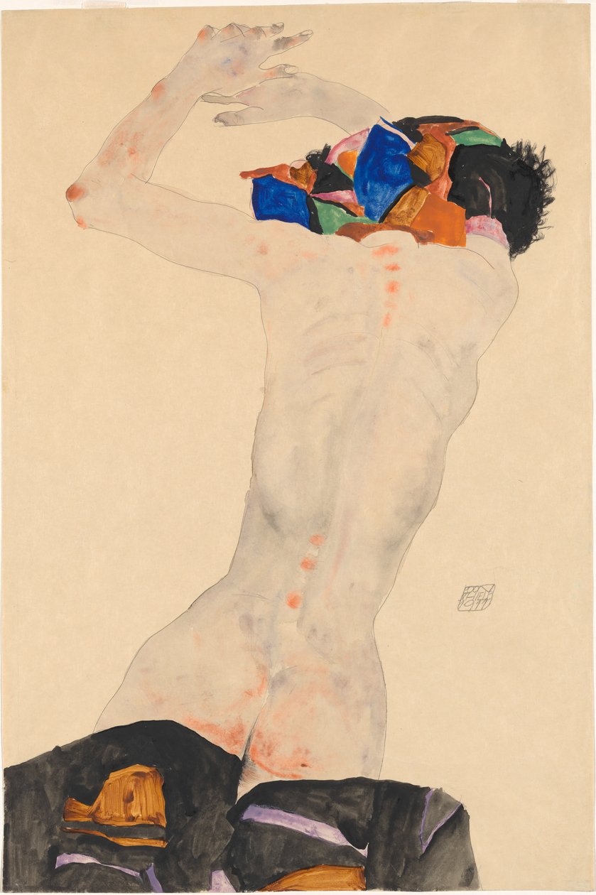 Rückenakt mit buntem Tuch Nude de costas com um pano colorido, 1911. de Egon Schiele