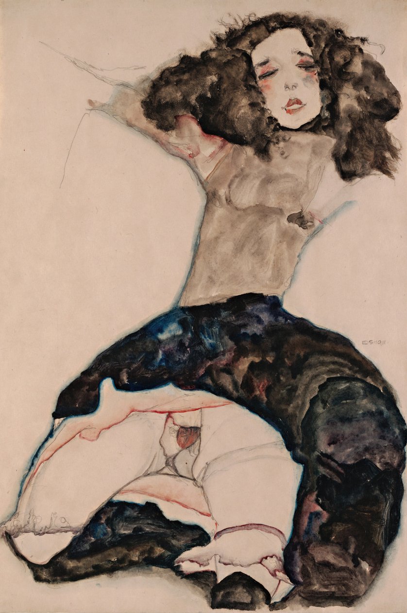 Menina de cabelo preto com a saia levantada de Egon Schiele