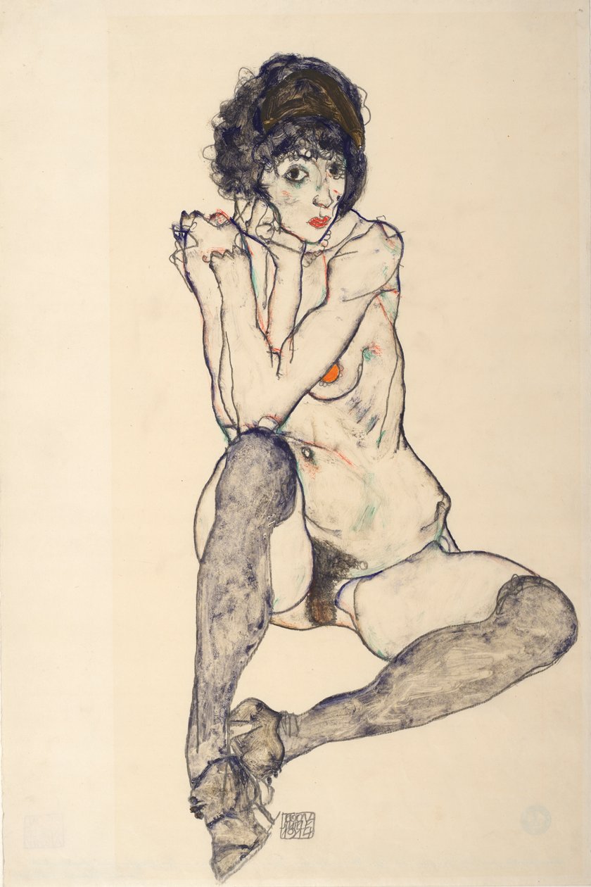 Nu feminino sentado, cotovelos descansando no joelho direito, 1914. de Egon Schiele