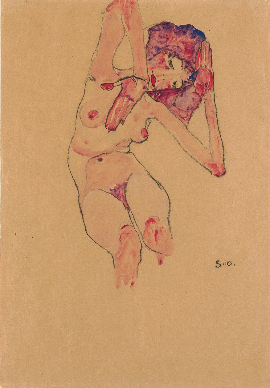 Nu feminino sentado com cabeça inclinada e braços erguidos; Nu sentado com cabeça baixa e braços erguidos, 1910 de Egon Schiele