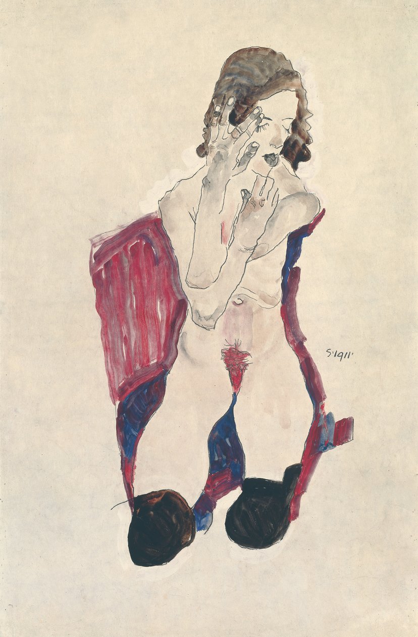 Garota sentada com meias pretas e mãos postas; Garota sentada com meias pretas e mãos dadas, 1911 de Egon Schiele