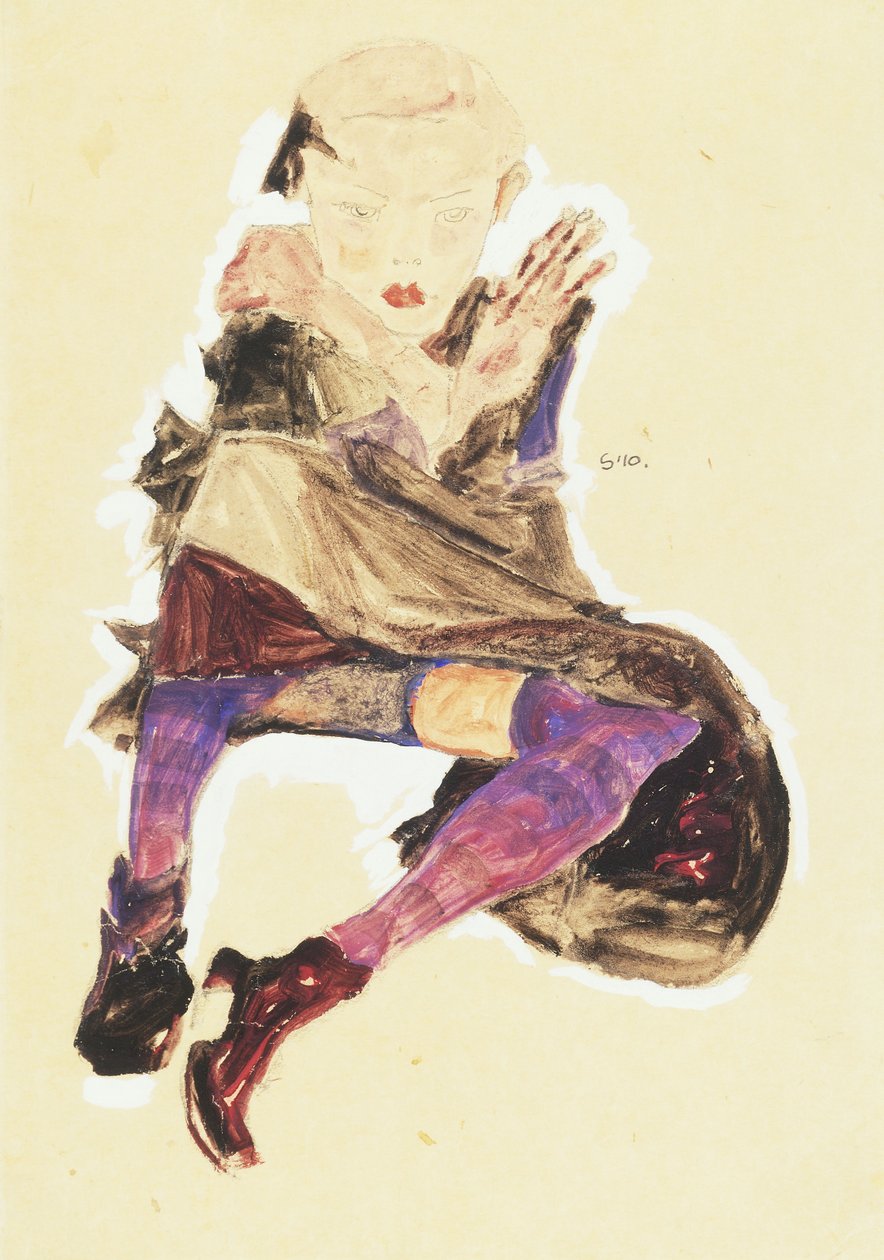 Garota sentada com meias listradas; Menina sentada com meias listradas, 1910 de Egon Schiele