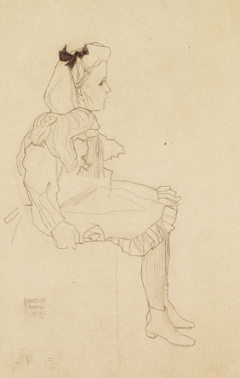 Garota sentada com um laço no cabelo, 1909 de Egon Schiele