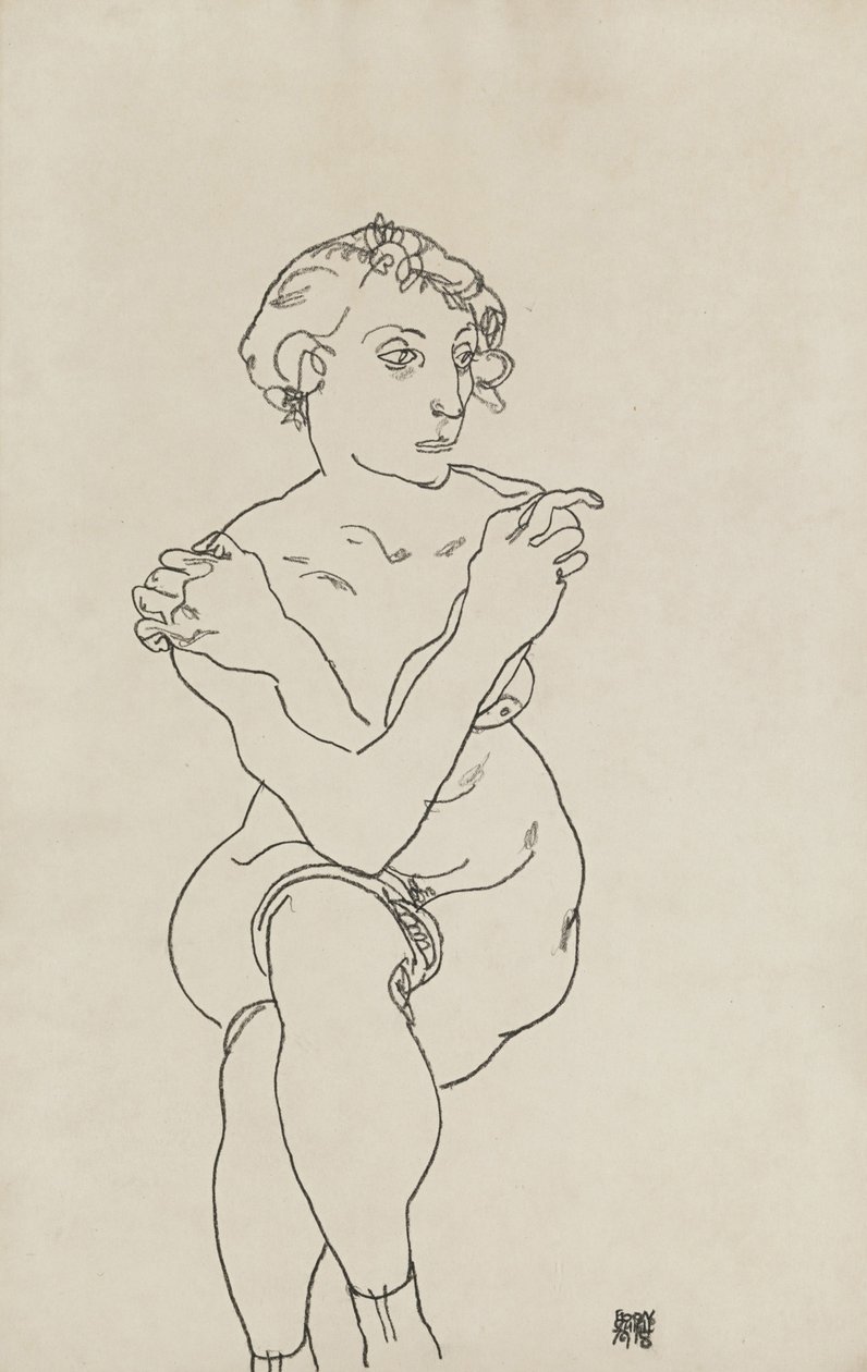 Nu feminino sentado, braços e pernas cruzados, 1918 de Egon Schiele