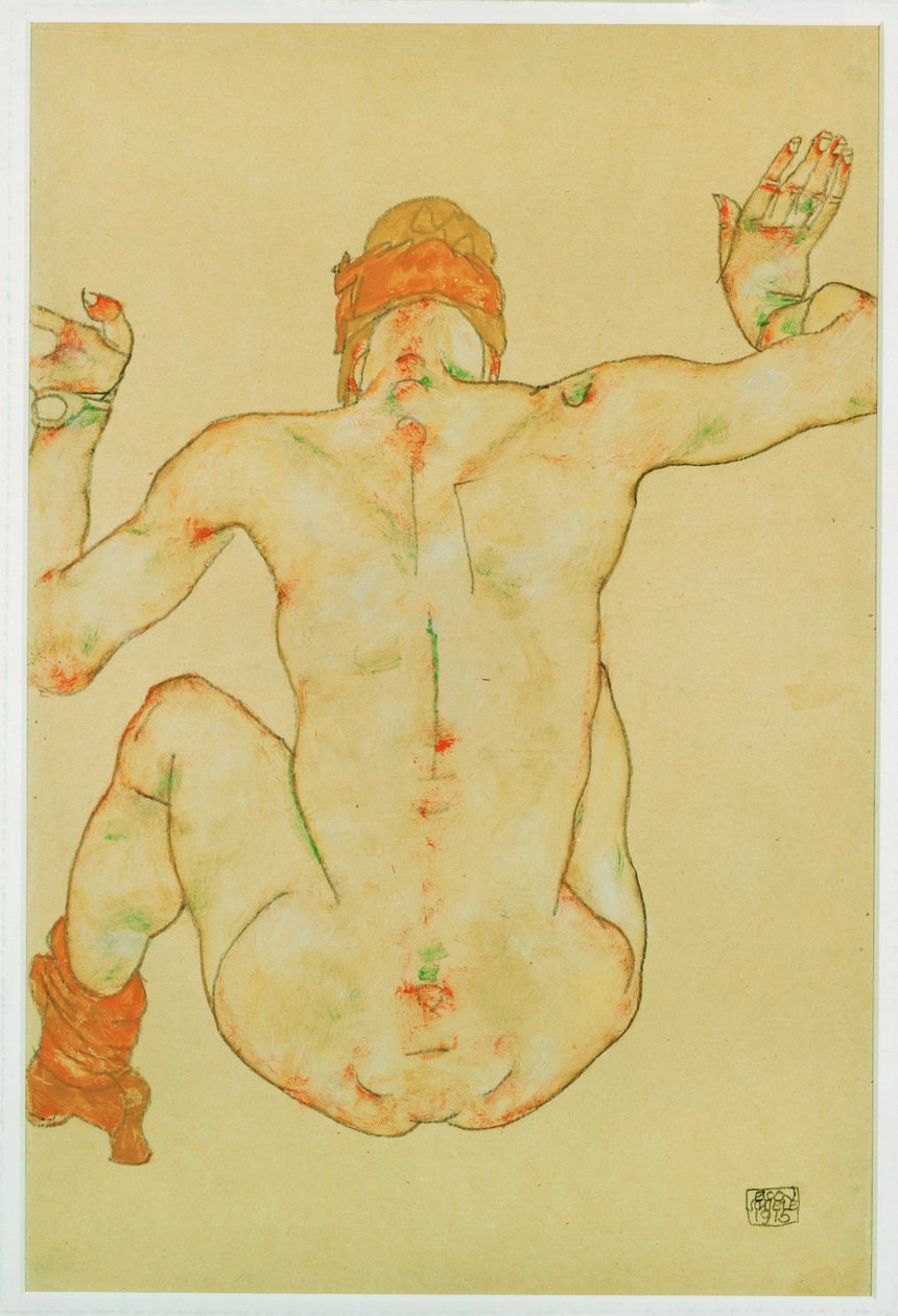 Nu feminino sentado, vista de trás (guache, aguarela e lápis) de Egon Schiele