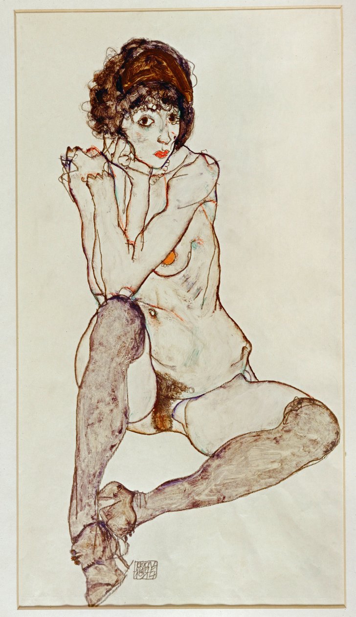 Mulher nua sentada, com os cotovelos apoiados no joelho direito de Egon Schiele