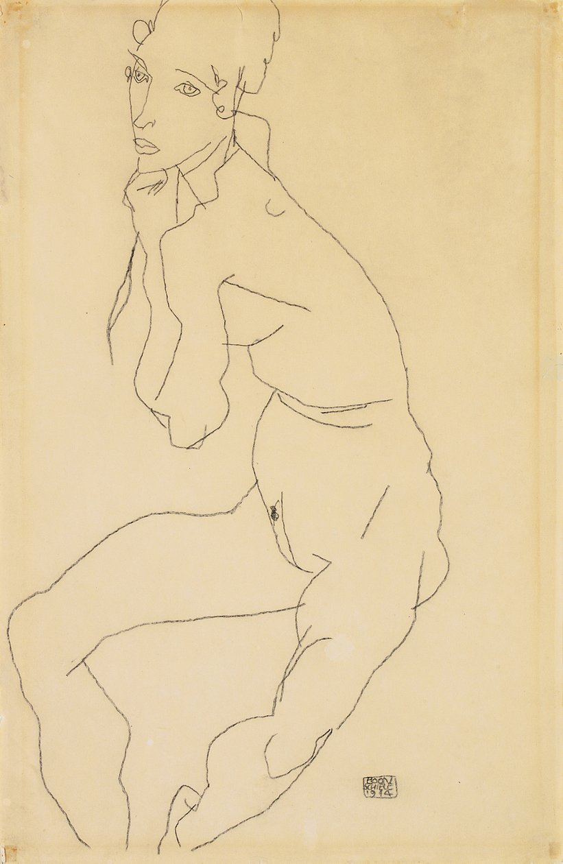 Nu feminino sentado com a mão no queixo, 1914 de Egon Schiele