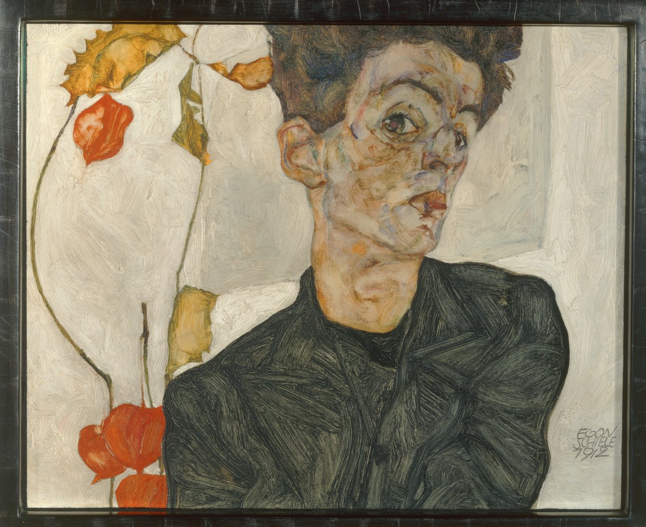 Autorretrato com frutos de lanterna ... (óleo e aguarela sobre tela) de Egon Schiele