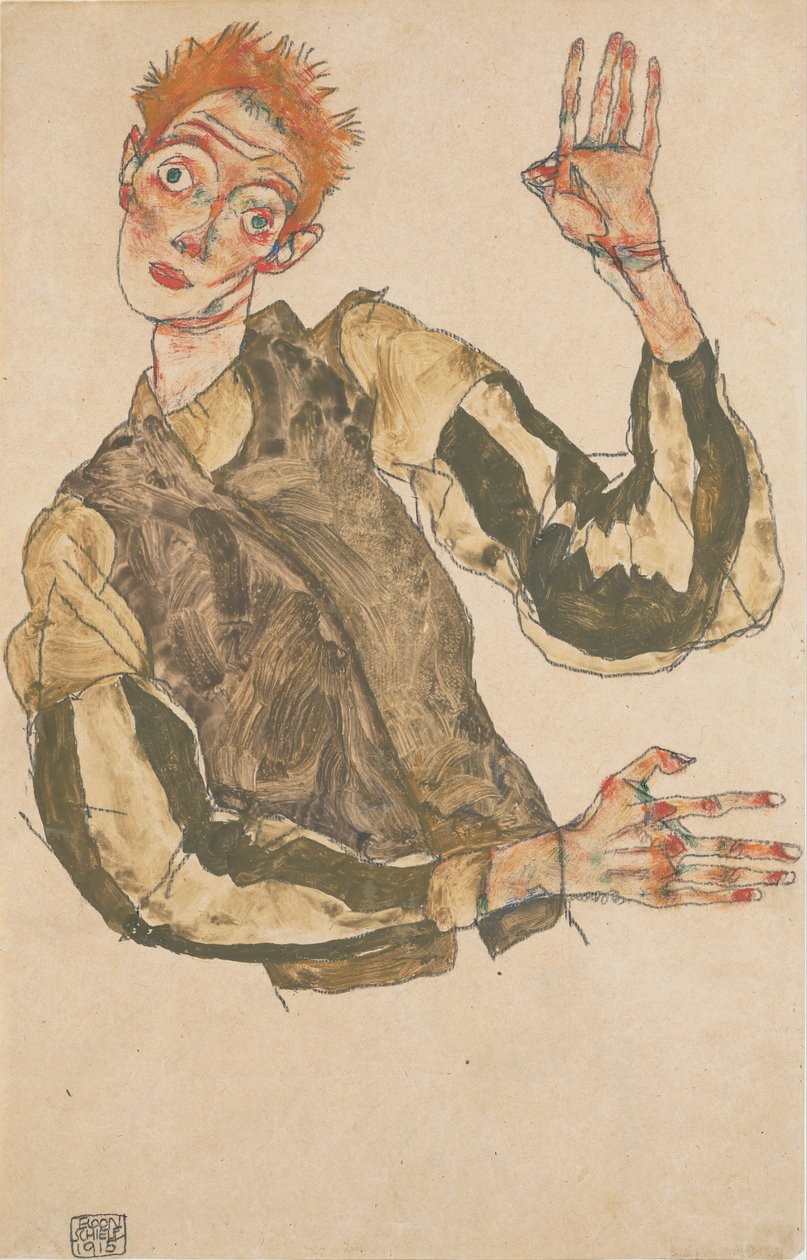 Autorretrato com proteções de mangas às riscas de Egon Schiele