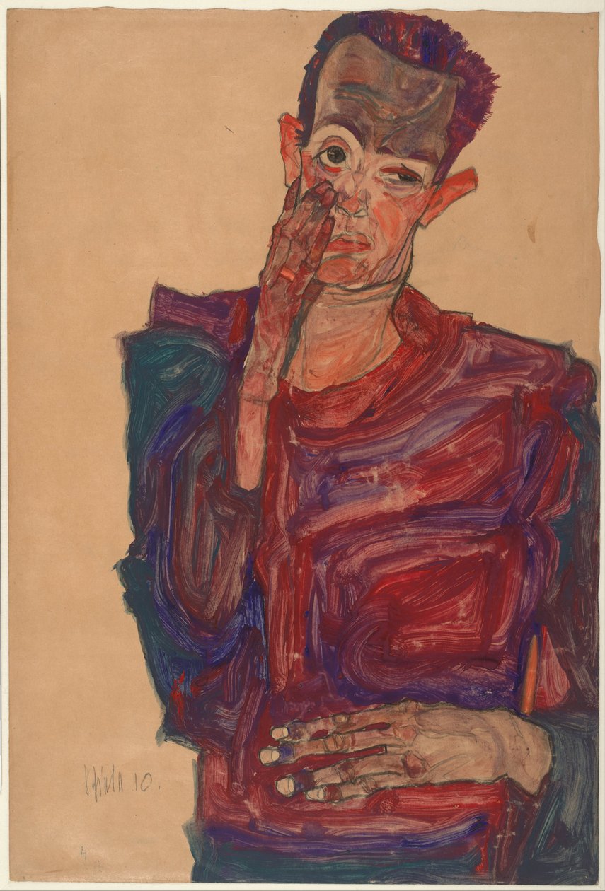 Auto-retrato com pálpebra puxada para baixo, 1910 de Egon Schiele