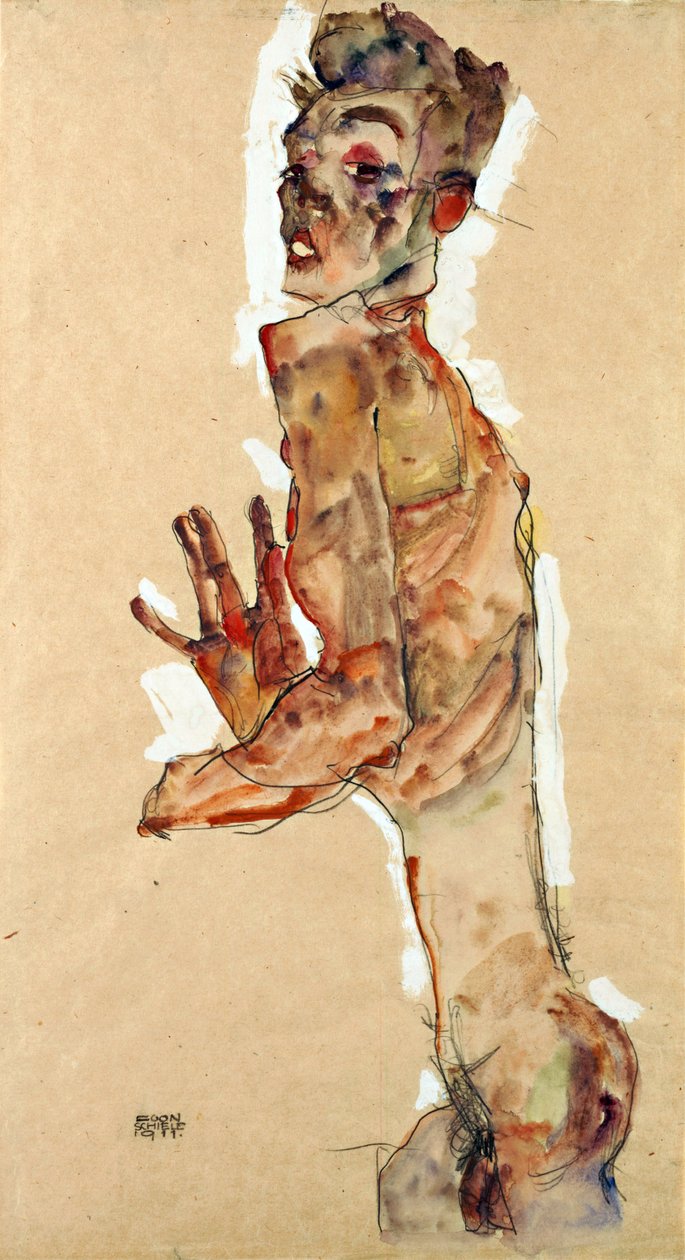 Auto-Retrato com Dedos Jogados - Schiele, Egon (1890-1918) - 1911 - Giz preto, Gouache sobre papel - 52,5x28 - Museu Leopold, Viena de Egon Schiele