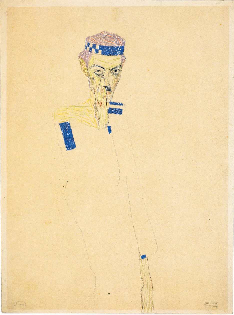 Autorretrato com tiara xadrez azul, 1909. de Egon Schiele