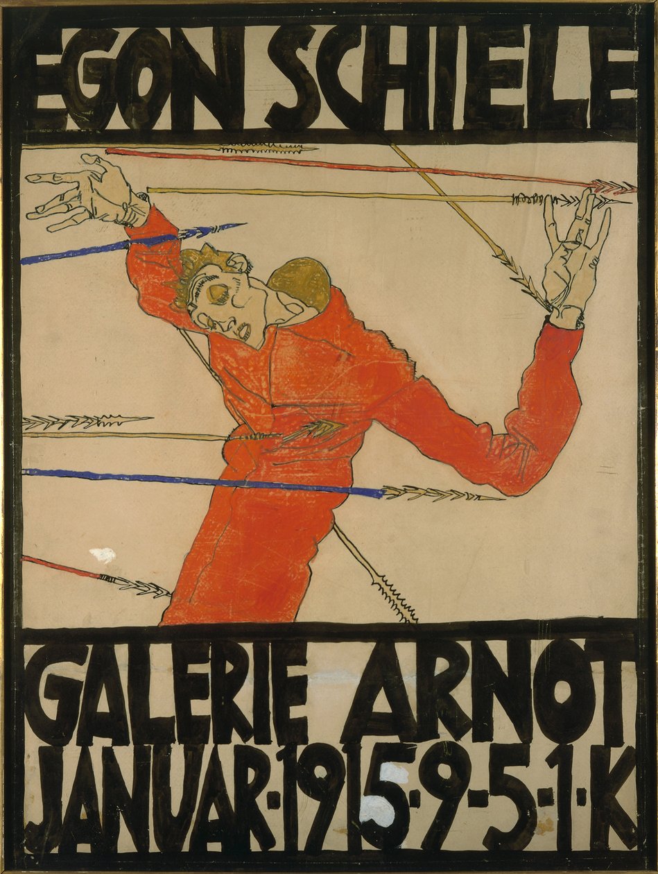 Auto-retrato como São Sebastião, design de cartaz para uma exposição na Galerie Arnot, 1914 (guache, giz preto e tinta sobre papelão) de Egon Schiele