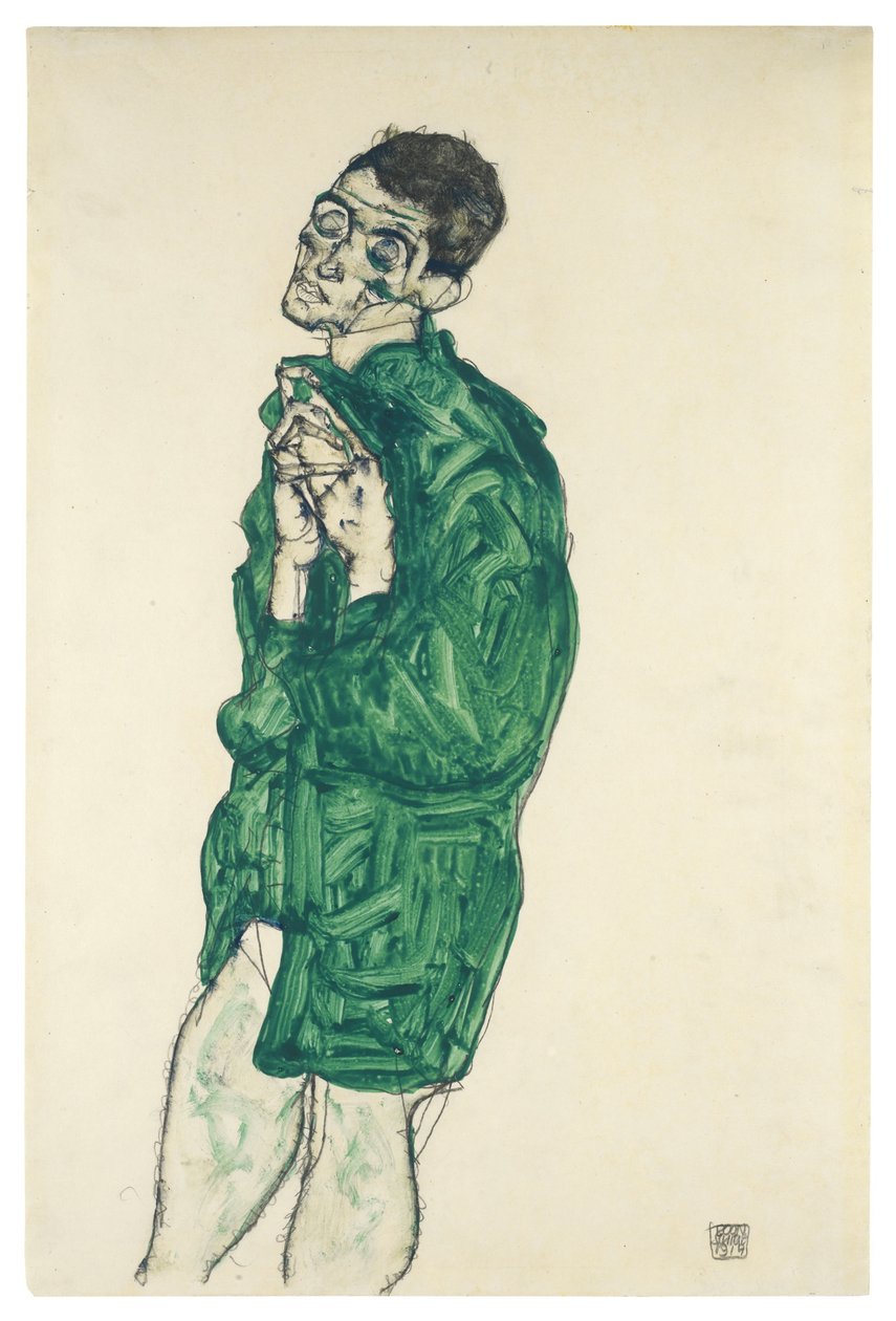 Auto-retrato em camisa verde com os olhos fechados, 1914 de Egon Schiele