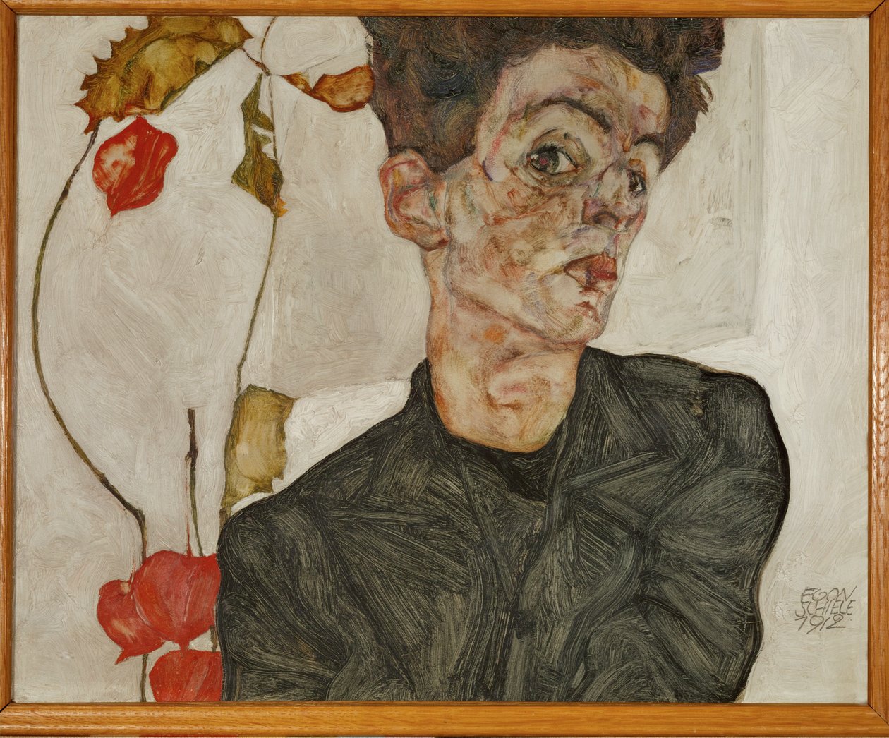 Autorretrato com lanterna chinesa e frutos (pintura sobre madeira) de Egon Schiele