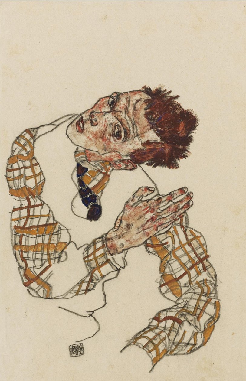 Auto-retrato com camisa quadriculada, 1917 de Egon Schiele