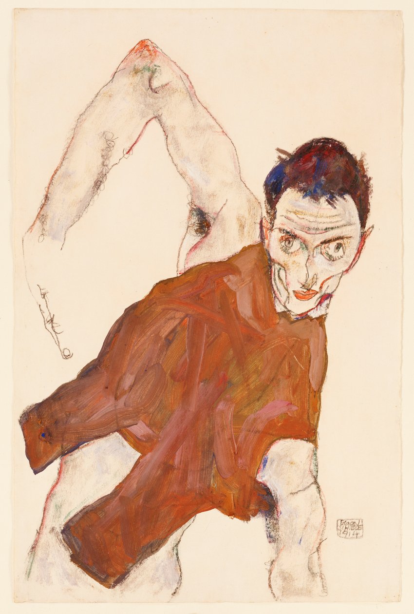 Auto-retrato em um jerkin com o cotovelo direito levantado, 1914 de Egon Schiele