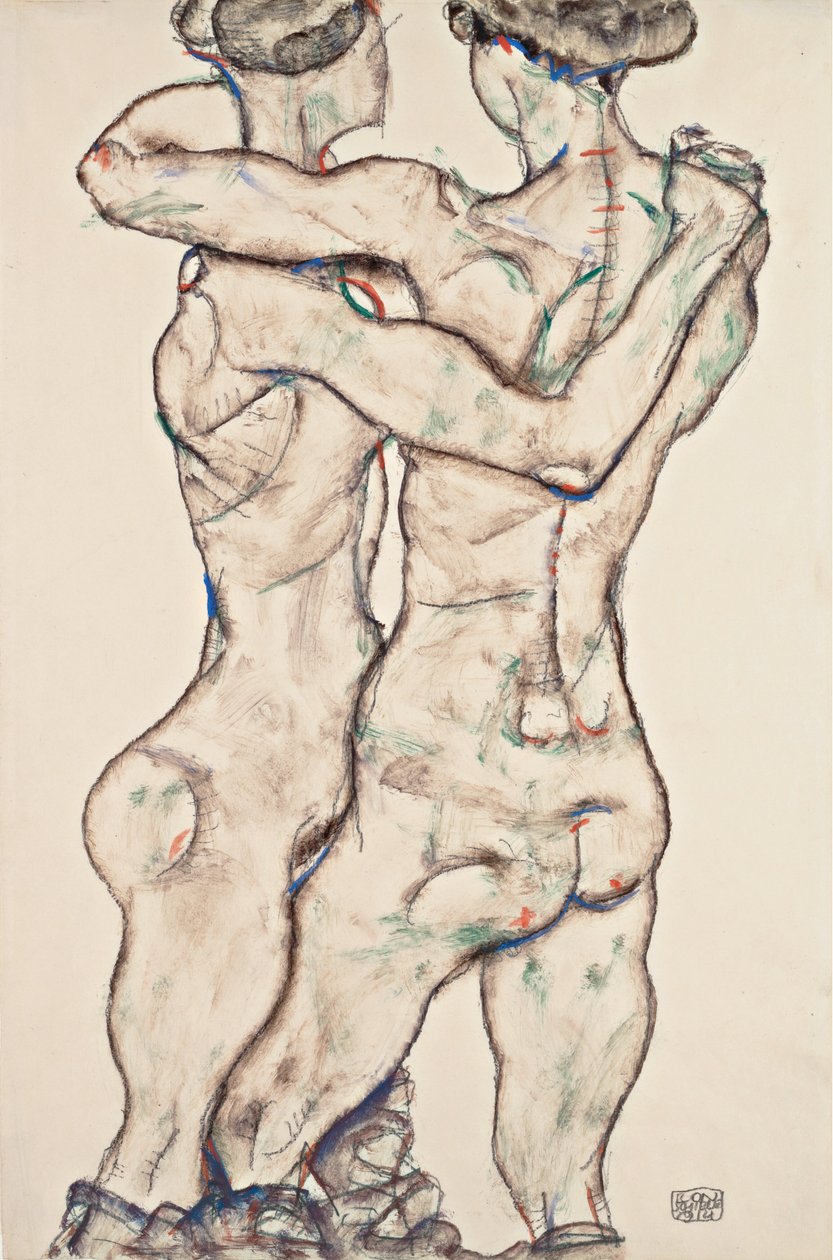 Raparigas nuas a abraçarem-se de Egon Schiele