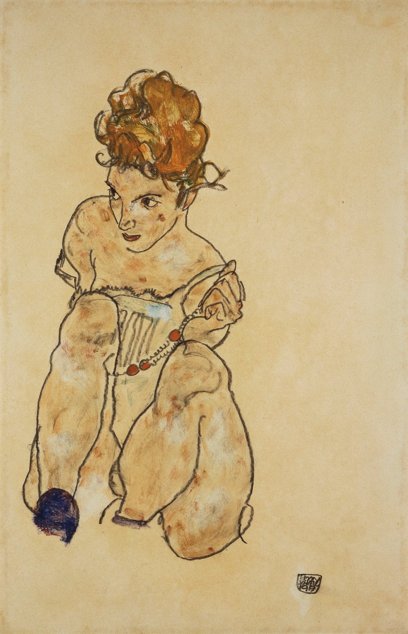 Menina sentada em roupa interior, 1917 de Egon Schiele
