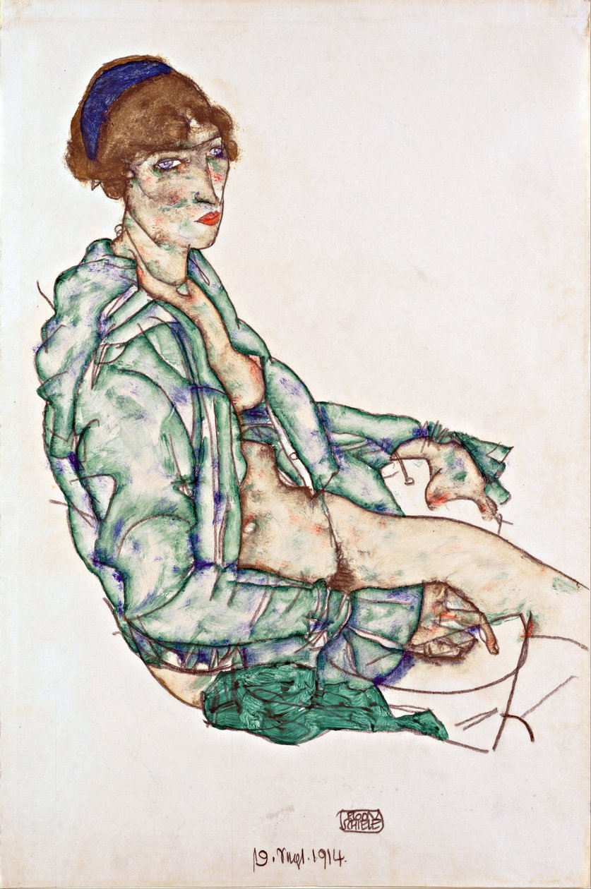 Semi-Nude com Banda Azul - Schiele, Egon (1890-1918) - 1914 - Giz preto, Gouache sobre papel - 47,4x31,3 - Museu Leopold, Viena de Egon Schiele