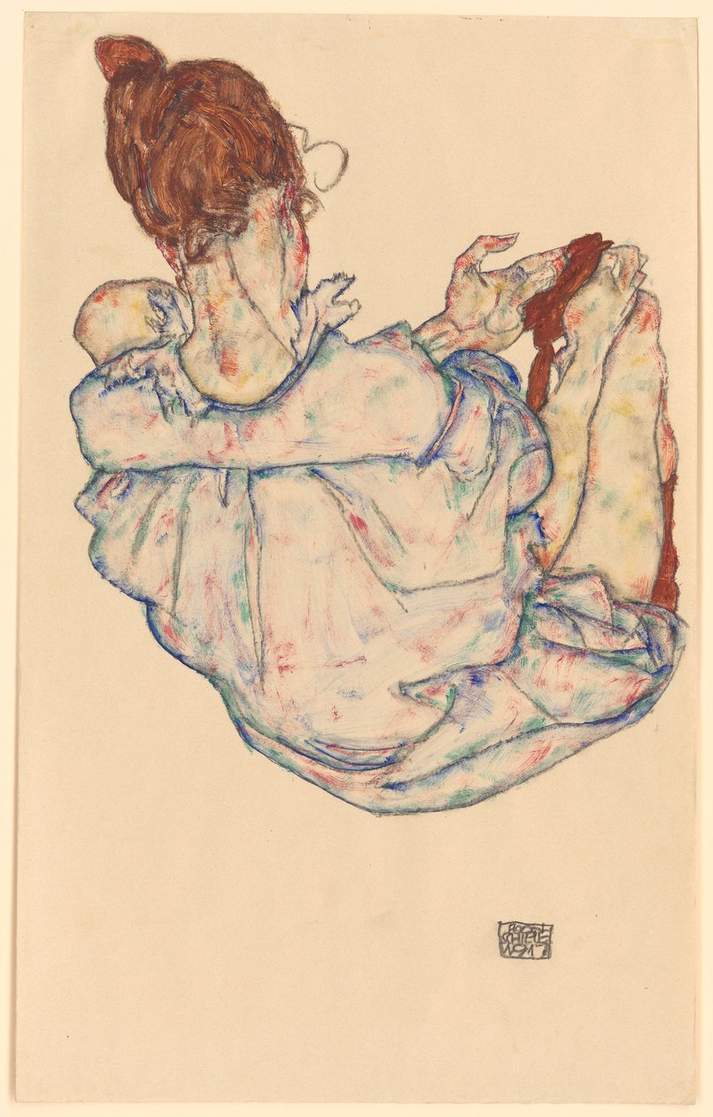 Mulher sentada, vista de costas de Egon Schiele