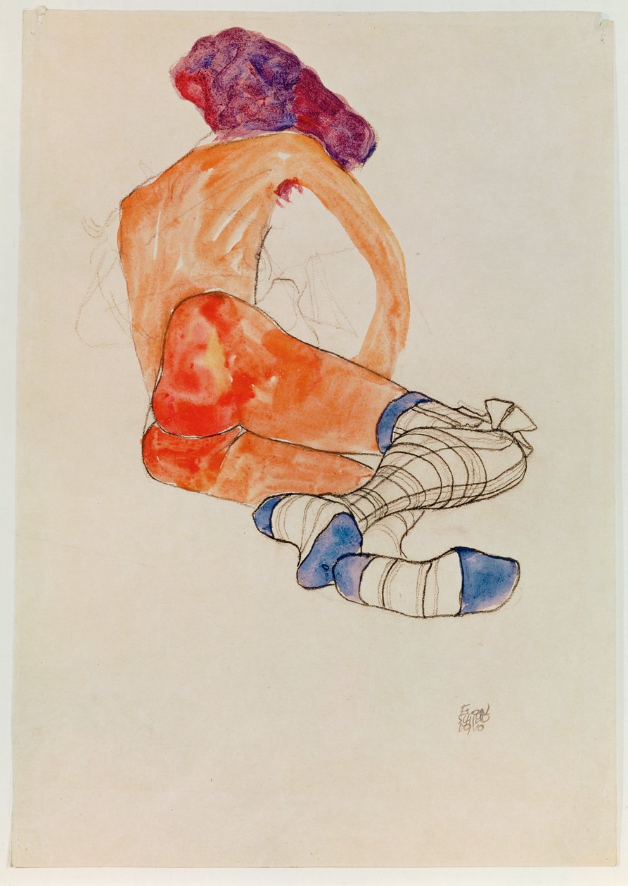 Nu feminino sentado com liga azul, de ... (guache, aguarela e carvão) de Egon Schiele