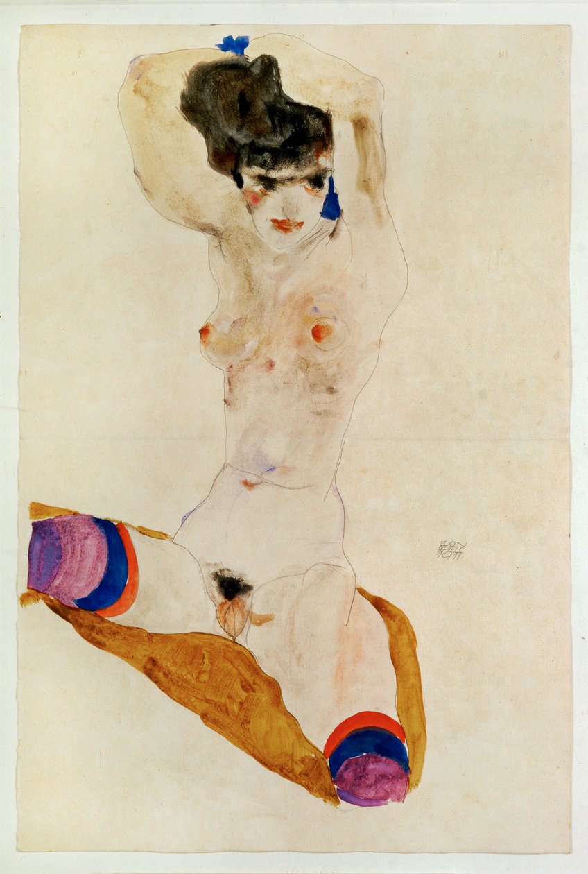 Rapariga nua, sentada, com a cabeça por cima ... (aguarela e lápis) de Egon Schiele
