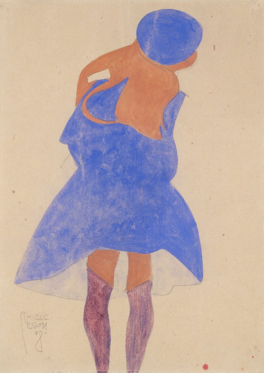 Garota de pé, vista traseira, 1908 (guache, aquarela e grafite no papel) de Egon Schiele