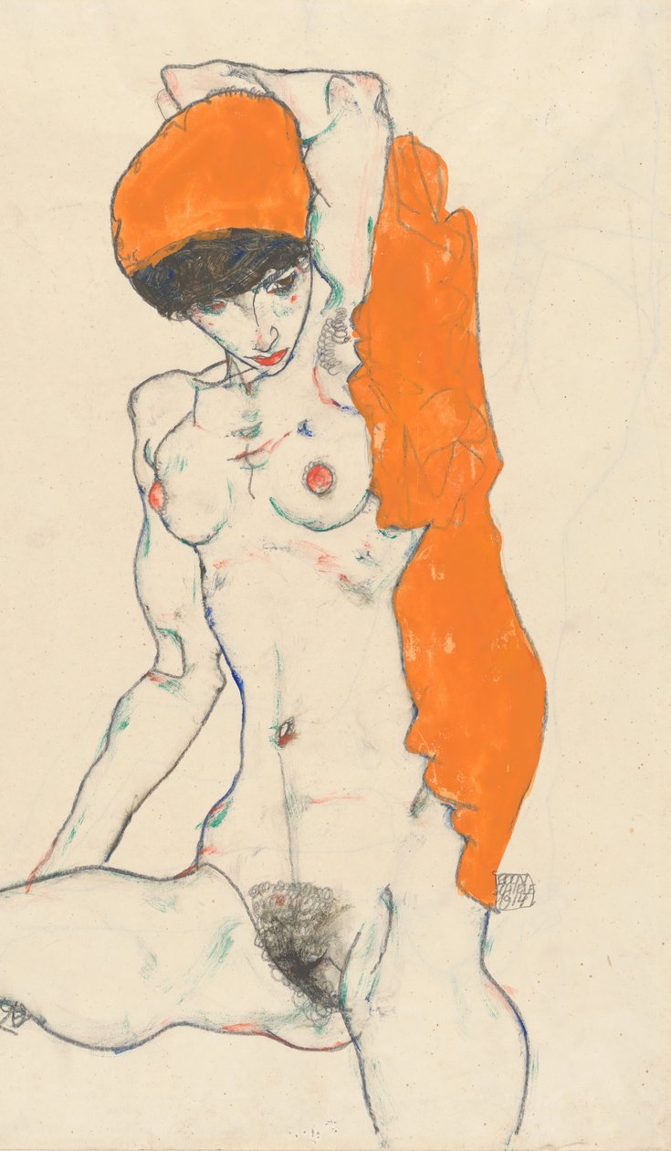 Nu em pé com cortinas alaranjadas anteriores: Estudo do nu com os braços levantados verso, 1914. de Egon Schiele