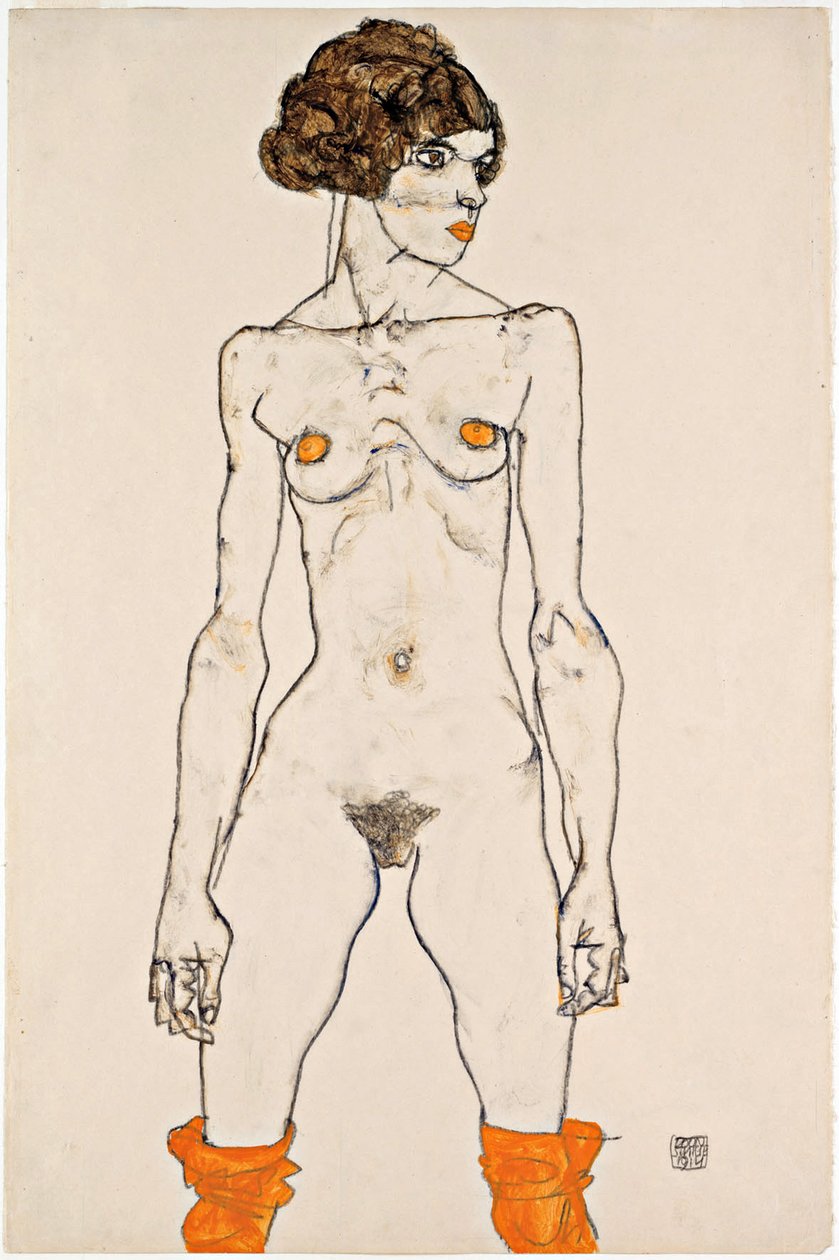Jovem Fêmea Nua de Pé com Meias Cor-de-Laranja de Egon Schiele