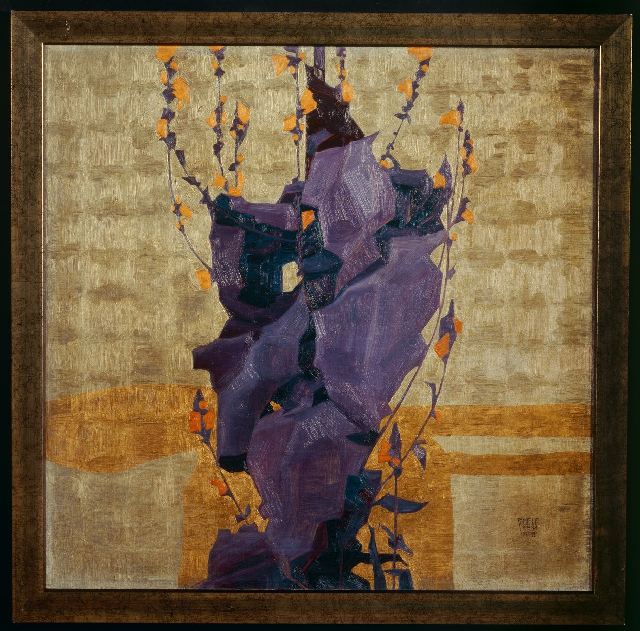 Flor estilizada sobre um fundo decorativo ... (bronze) de Egon Schiele