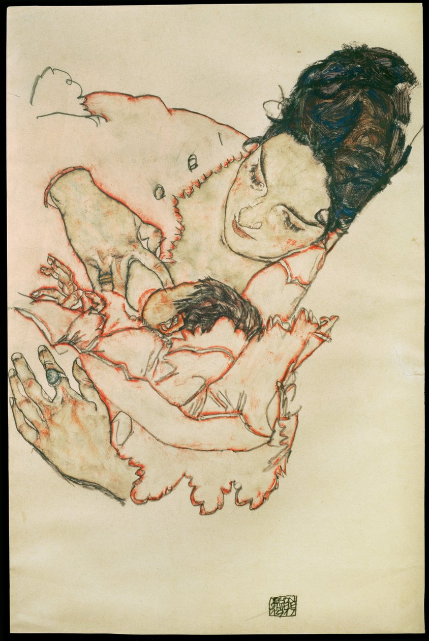 Stillende Mutter - Mãe que amamenta ... (aguarela e lápis de cor preto) de Egon Schiele