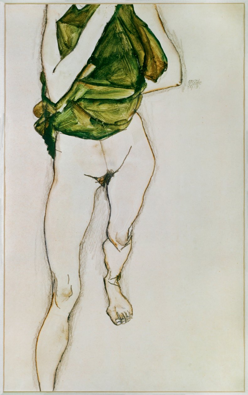 Tronco em movimento com camisa verde (guache, aguarela e lápis) de Egon Schiele