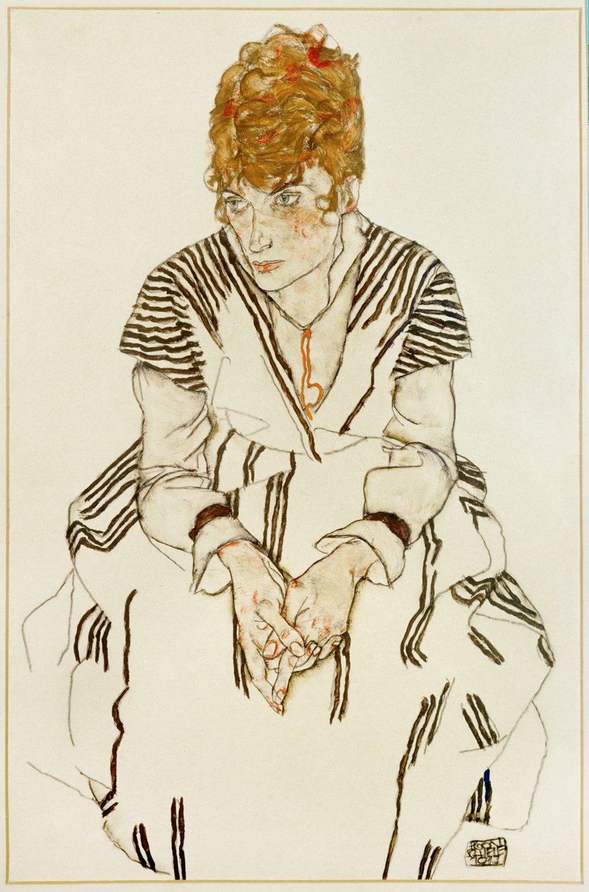 A cunhada do artista, de vestido às riscas, sentada de Egon Schiele