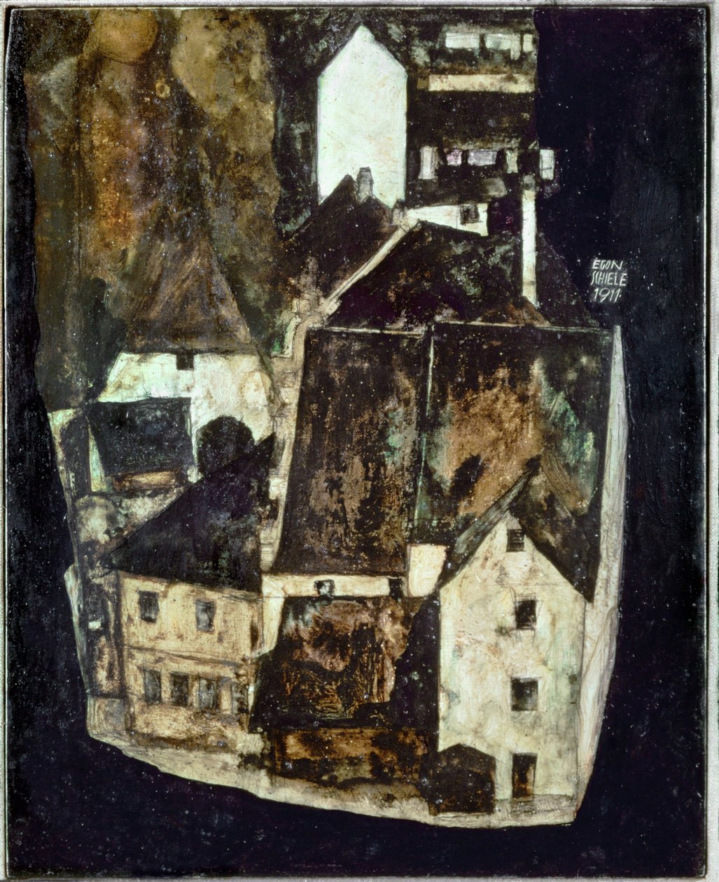 Tote Stadt III (Stadt am blauen Fluss III) [Cidade morta Iii (Cidade do rio azul III)], ... (óleo e guache sobre madeira) de Egon Schiele