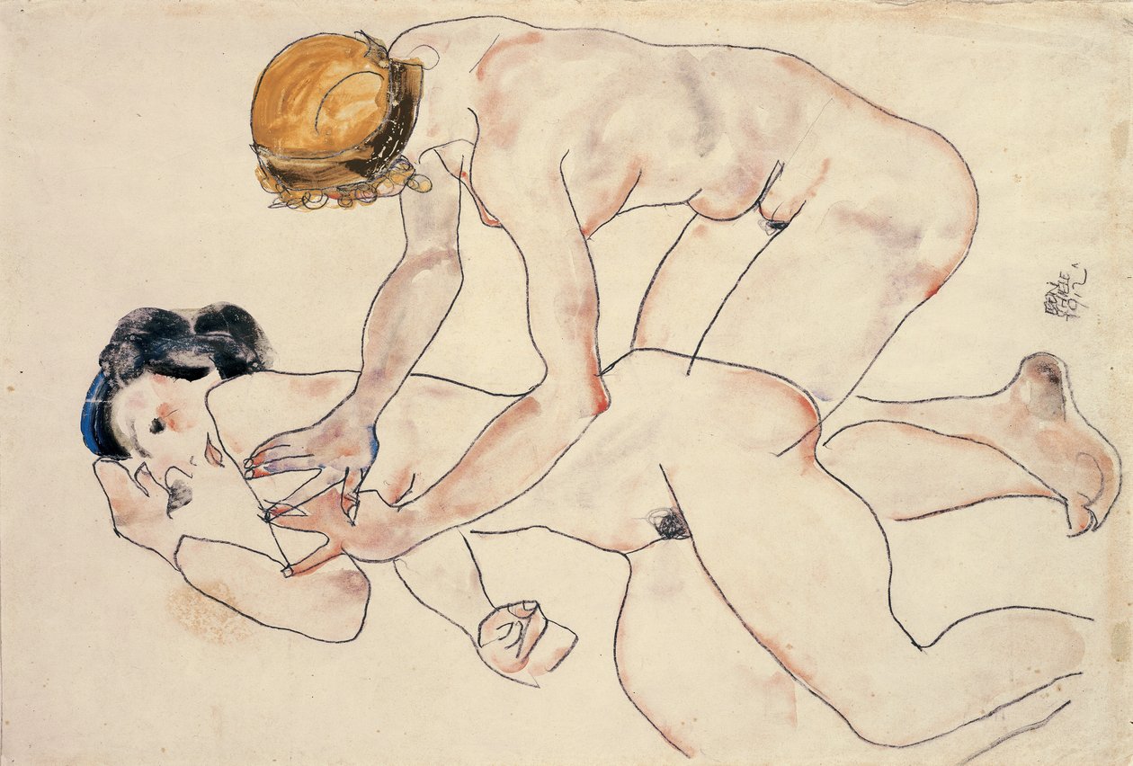 Dois nus femininos, reclinados e ajoelhados de Egon Schiele